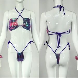 Iridescent Tie dye holograph halter bikini set